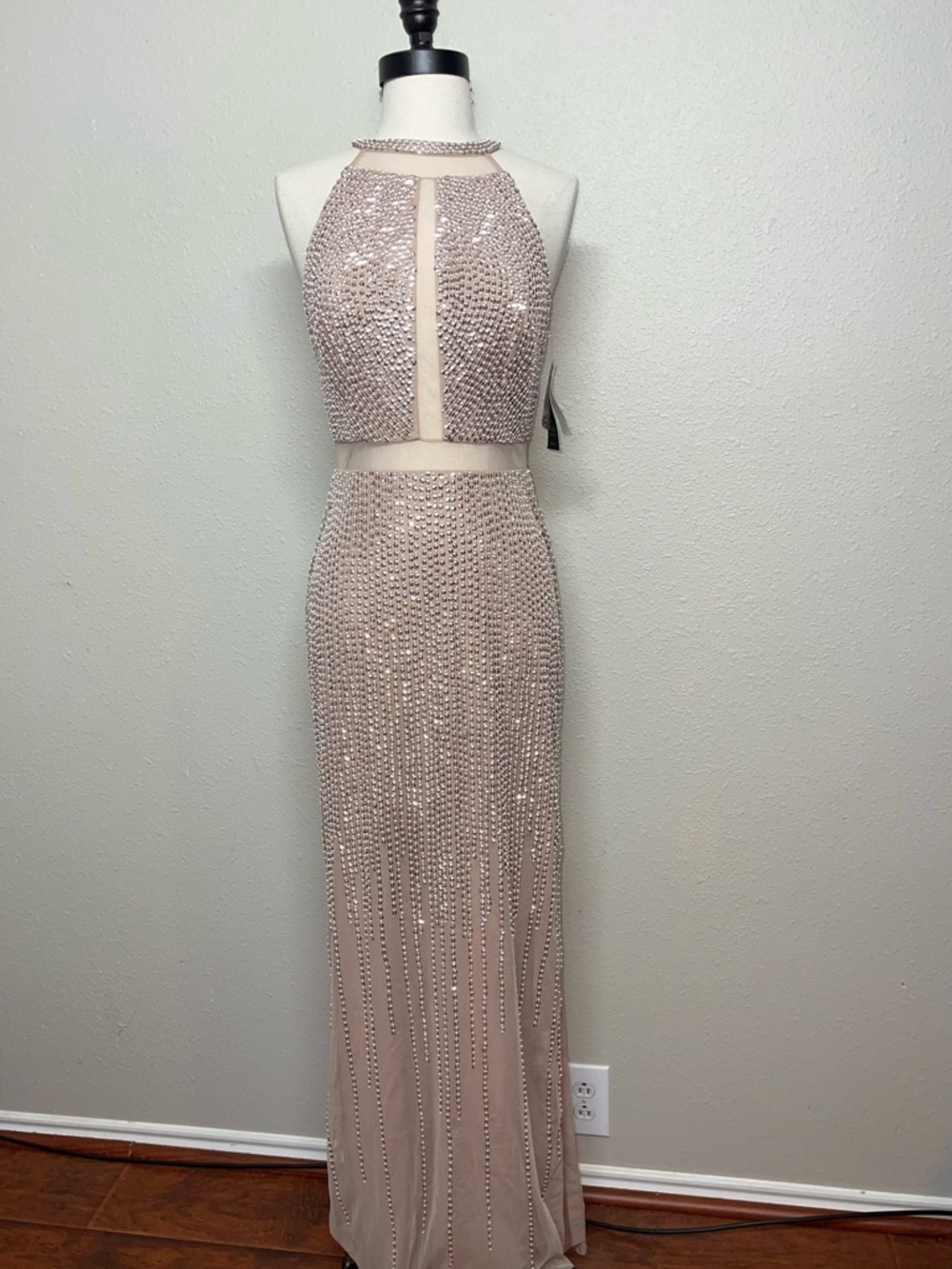 Aidan by Aidan Mattox Blush Beaded Halter Prom Gown